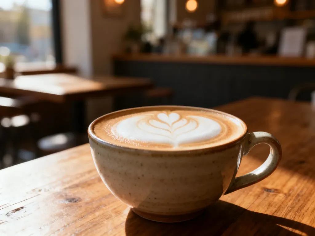 Aksamitne flat white z precyzyjnym wzorem latte art w ceramicznej filiżance na drewnianym stole w przytulnej kawiarni.