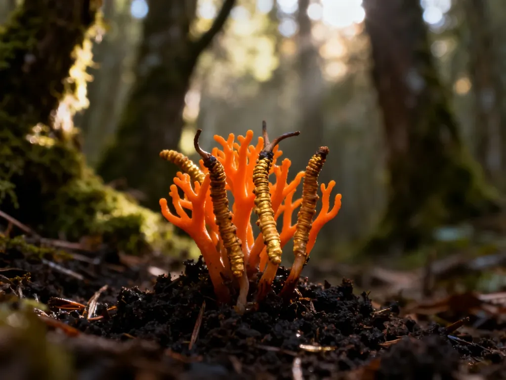 Grzyby Cordyceps wyrastające z leśnej ściółki w naturalnym środowisku. Zbliżenie podkreślające ich pomarańczowy kolor.