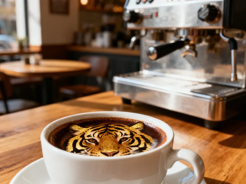 Podwójne espresso w białej filiżance z wyraźną cremą, podane na drewnianym stoliku w przytulnej kawiarni.