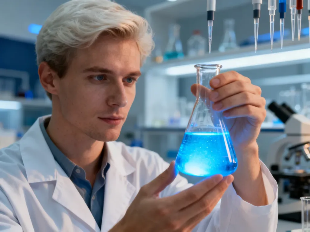 Naukowiec w nowoczesnym laboratorium trzymający zlewkę z niebieskim płynem, symbolizujący badania nad suplementacją.