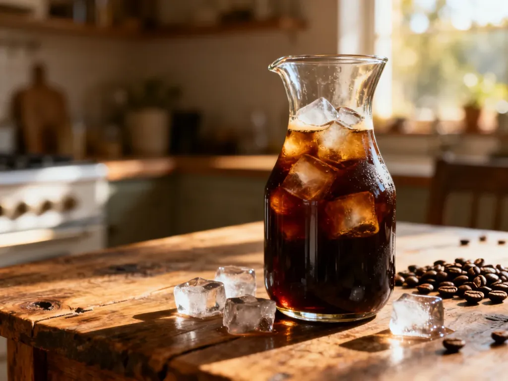 Szklana karafka z mrożoną kawą cold brew na drewnianym stole w przytulnej, słonecznej kuchni.