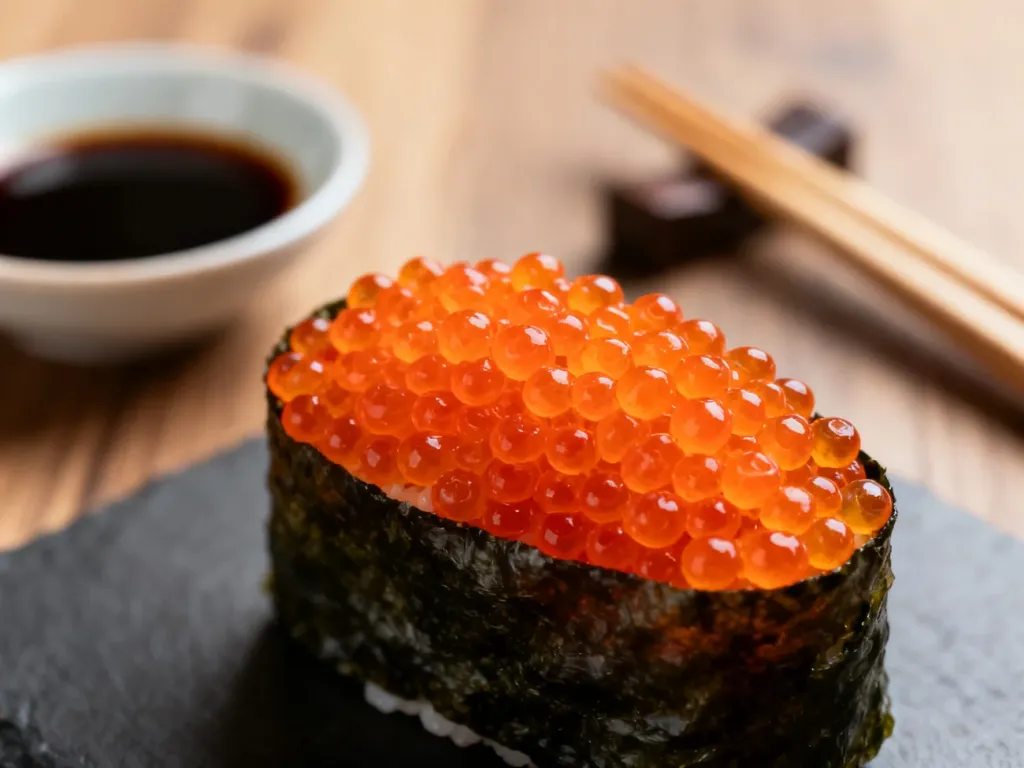 Zbliżenie na jaskrawopomarańczową ikrę tobiko na kawałku sushi, podaną w eleganckiej, minimalistycznej aranżacji.