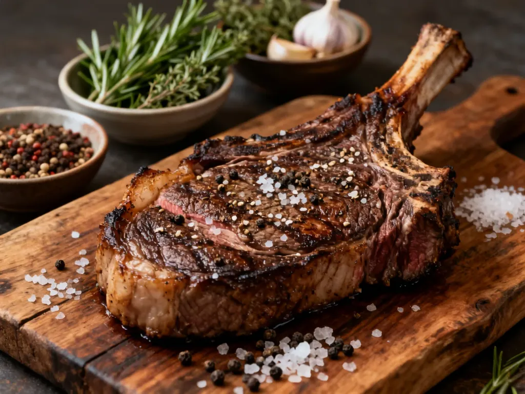 Soczysty stek ribeye na drewnianej desce, przyprawiony solą i pieprzem, w otoczeniu świeżych ziół i czosnku.