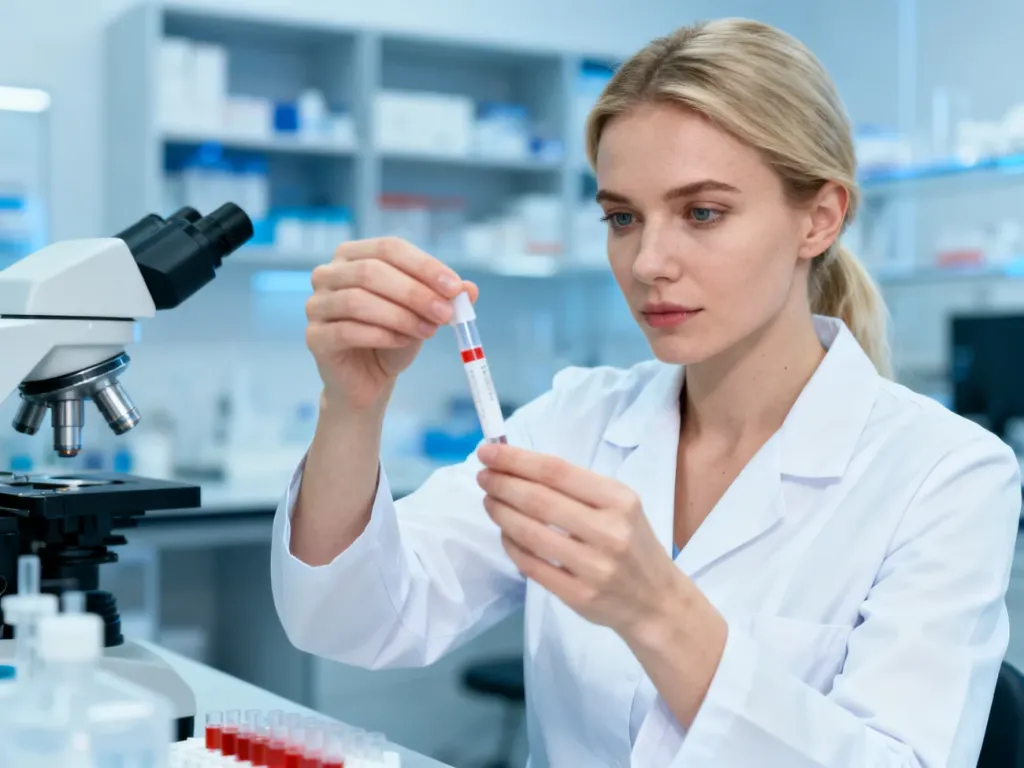 Laborantka w białym fartuchu trzymająca probówkę z próbką krwi w nowoczesnym laboratorium diagnostycznym.